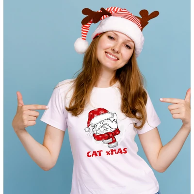 Cat x Mas -karácsonyi macskás női póló